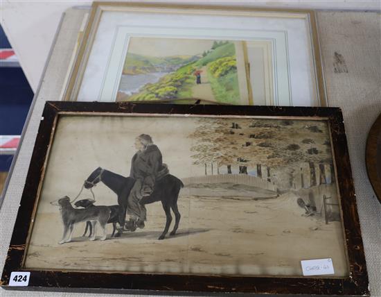 19th century English School - watercolour, Travelling monk in a landscape and another watercolour 30 x 53cm
